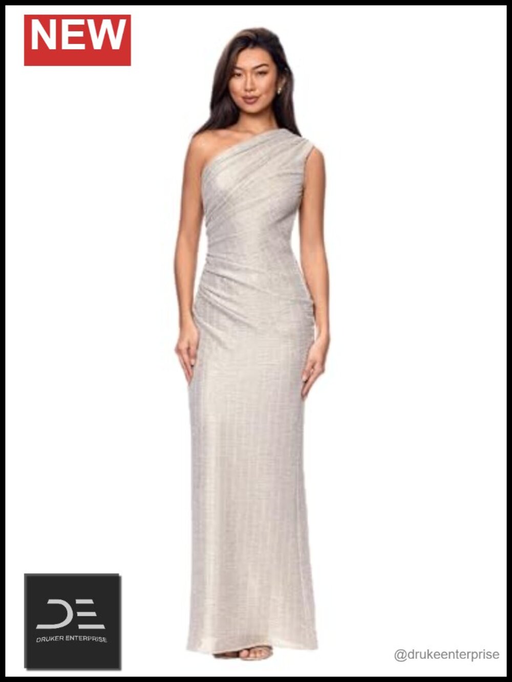 Metallic Knit One Shoulder Floor Length Dress